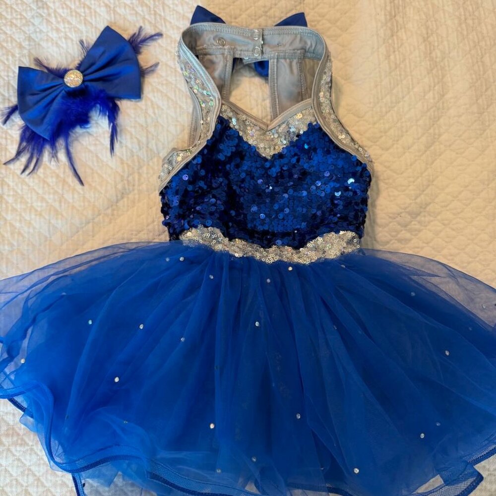 Weissman blue and silver sparkle dance costume with hairpiece